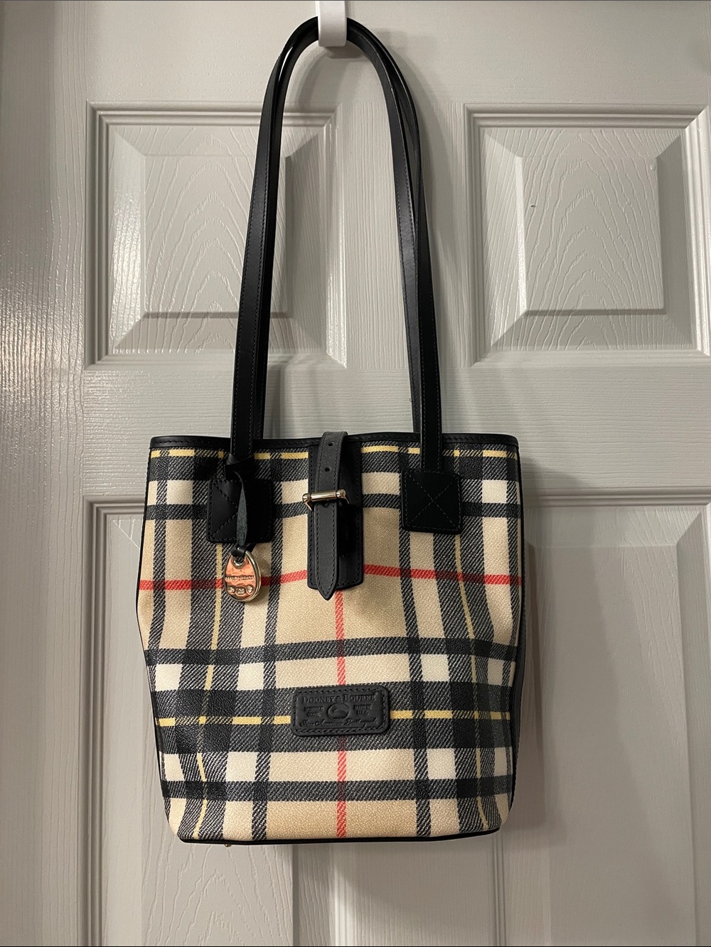 Dooney & Bourke Beige Plaid Tote with Black Trim